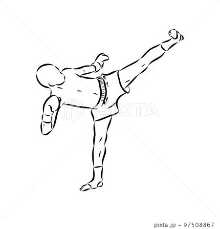 Hand sketch vector of Muay Thai or Thai Boxing. Beautiful martial art that use body parts to fight against each other. Self defense art. High kick but get defended with arm. 97508867