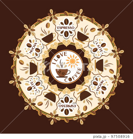 Round ornament with logo, pictograms of various types of coffee drinks. Good for branding, decoration of food package, cover design, decorative print, background. 97508916