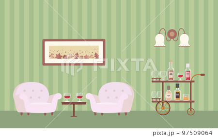 Two cozy armchairs and bar cart with bottles and glasses 97509064