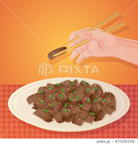 Hand with chopsticks taking out korean bulgogi dish. Asian food illustration in cartoon style Hand with chopsticks taking out korean bulgogi dish. Asian food illustration in cartoon style 97509248