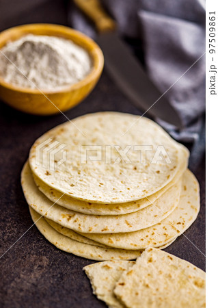 Mexican Corn Tortillas on kitchen table. 97509861