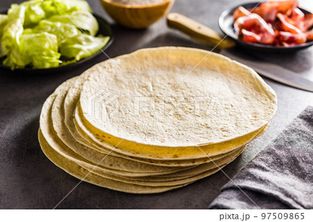 Mexican Corn Tortillas on kitchen table. 97509865