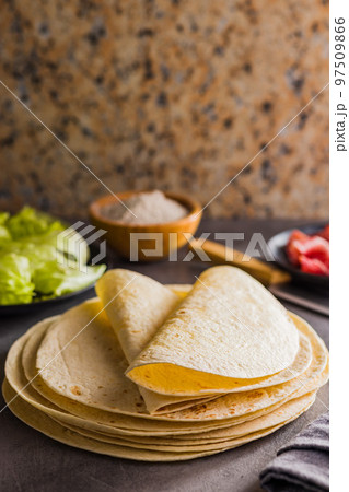 Mexican Corn Tortillas on kitchen table. 97509866