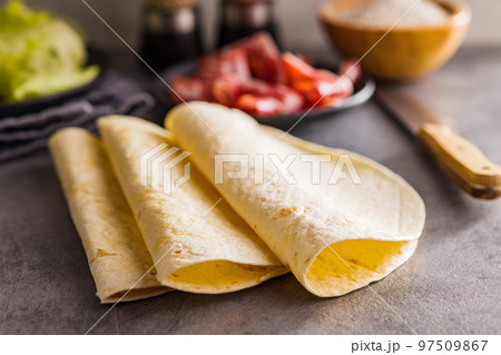 Mexican Corn Tortillas on kitchen table. 97509867