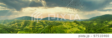 Aerial view of the endless lush pastures of the Carpathian expanses and agricultural land. Cultivated agricultural field. Rural mountain landscape at sunset. Ukraine. 97510460