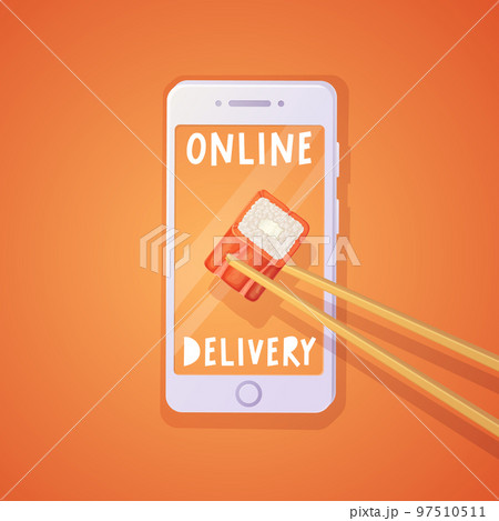 Chopsticks get philadelphia maki roll through the smartphone screen. Online delivery orange poster. 97510511