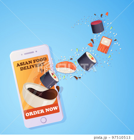 Asian food delivery concept.Sushi popping out from smartphone. Vector illustration in cartoon style. 97510513