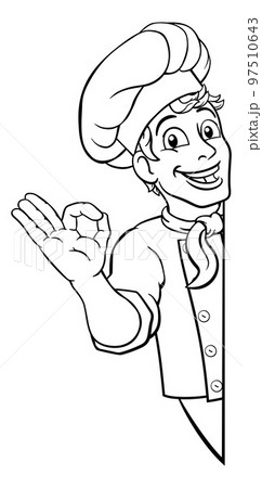 Chef Cook Baker Man Cartoon Peeking Around Sign Chef Cook Baker Man Cartoon Peeking Around Sign 97510643