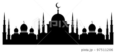 Horizontal black and white banner with silhouette of muslim mosque facade, dome and crescent symbol on top. Religious building for prayers flat. Vector isolated on white background 97511206