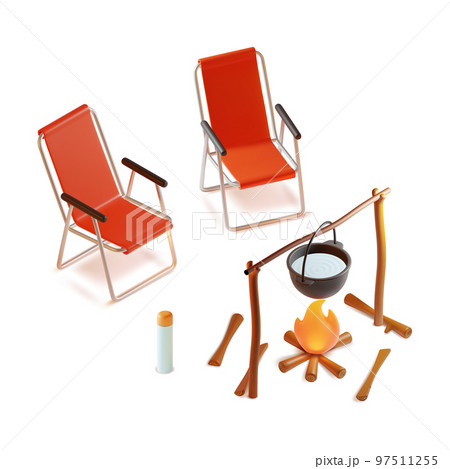 3d Camping Concept Elements Plasticine Cartoon Style Include of Folding Camp Chair Set and Pot over Bonfire. Vector illustration 97511255
