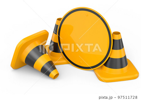 Set of traffic road cones and sign for under construction road work on white Set of traffic road cones and sign for under construction road work on white 97511728