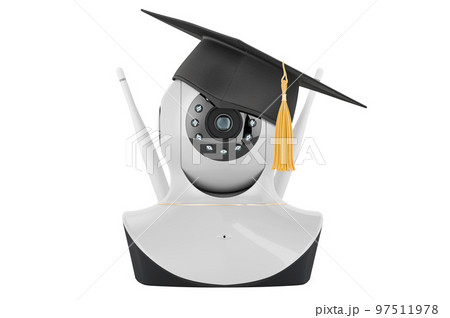 Internet Protocol camera with graduation cap. 3D rendering Internet Protocol camera with graduation cap. 3D rendering 97511978