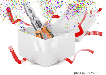 Pliers inside gift box, present concept. 3D rendering 97511980