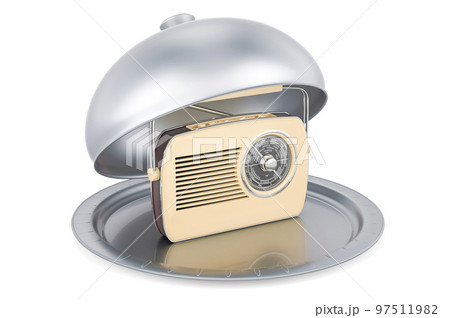 Restaurant cloche with retro radio, 3D rendering 97511982