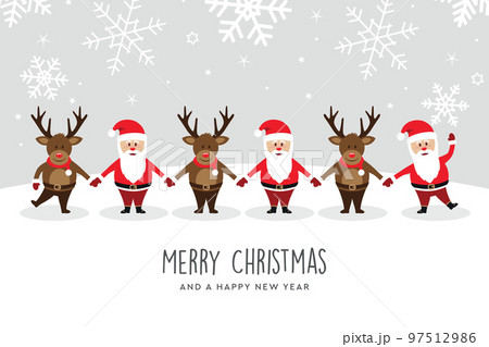 christmas greeting card with cute santa and deer on snowy background christmas greeting card with cute santa and deer on snowy background 97512986
