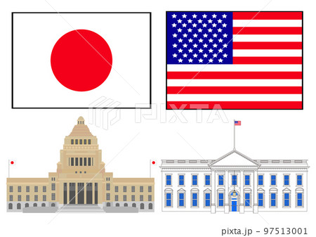 日米の国旗と国会議事堂とホワイトハウス