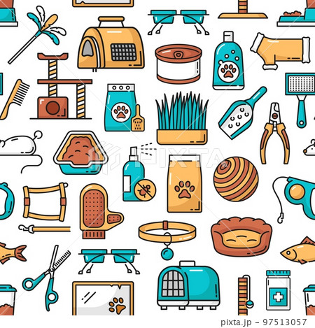 Cat and kitten pet care vector seamless pattern of grooming, veterinary health, food and toys. Pet shop animal supplies background of outline feeding bowl, collar, bed and house, ball, carrier, brush Cat and kitten pet care vector seamless pattern of grooming, veterinary health, food and toys. Pet shop animal supplies background of outline feeding bowl, collar, bed and house, ball, carrier, brush 97513057