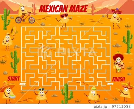 Labyrinth maze game. Mexican nacho chips characters. Kids puzzle vector worksheet, pathfinding riddle or find way quiz with cartoon nachos, sombrero hats, guitar and maracas on desert background Labyrinth maze game. Mexican nacho chips characters. Kids puzzle vector worksheet, pathfinding riddle or find way quiz with cartoon nachos, sombrero hats, guitar and maracas on desert background 97513058