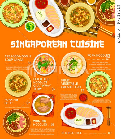 Singaporean cuisine menu, Singapore Asian food, vector rice, chicken and soup noodles dish. Singaporean cuisine traditional wontons or authentic dumplings with seafood laksa, vegetables and pork meat 97513118