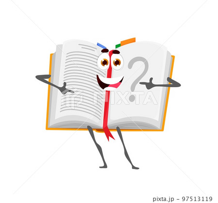 Cartoon school textbook book character. Back to school, kids education and learning, literature and reading cheerful personage, isolated vector funny book, diary or notebook 97513119