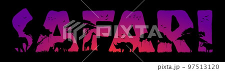 Safari hunting in Africa, animal silhouettes in savannah, vector trees on sunset landscape. African safari hunt background of savanna wild nature with lion, elephant, rhinoceros and giraffe silhouette 97513120