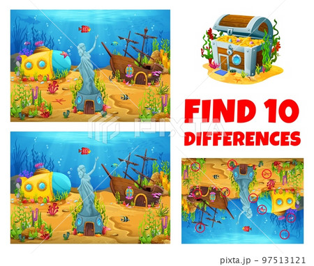 Find ten differences quiz. underwater landscape with sunken ships. Child difference search riddle, kids matching vector game or quiz worksheet with cartoon sunken caravel, submarine and treasure chest 97513121