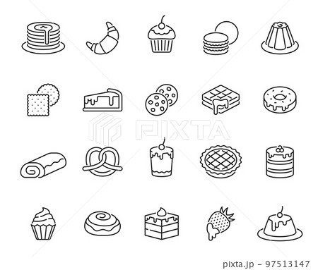 Dessert line icons. Sweet pastry and bake outline pictograms or symbols of pancake, strudel and croissant, muffin, cheesecake and cookies, pudding, cake, waffles and donut, pretzel, apple pie, bun 97513147
