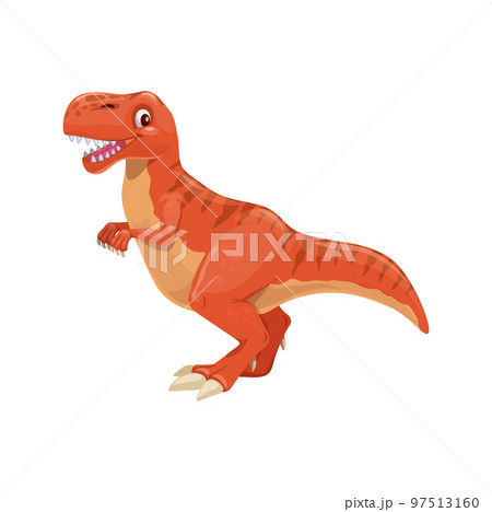 Cartoon Tyrannosaur dinosaur character, cute T-Rex dino personage. Paleontology reptile, prehistoric animal isolated vector funny mascot. Jurassic era lizard, extinct predator dinosaur personage Cartoon Tyrannosaur dinosaur character, cute T-Rex dino personage. Paleontology reptile, prehistoric animal isolated vector funny mascot. Jurassic era lizard, extinct predator dinosaur personage 97513160