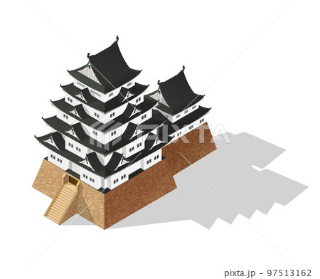 Isometric abstract Japanese castle, Japan fort or fortification, vector temple pagoda. Japanese citadel fortress or Medieval palace with towers, samurai defence house with wall and gate bridge 97513162