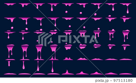 Purple slime animation, animated sprite of pink dripping goo. Cartoon vector liquid jam, mucus or phlegm sprite sheet fx effect, toxic splash drops sequence frame. Splatters of magic potion motion 97513180