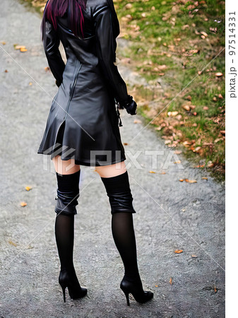 Back view of young woman with high black pumps, stockings, gauntlets and black leather mini skirt,made with generative ai 97514331
