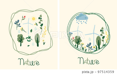 Nature as a source of energy for man. Green planet, care for nature. The concept of ecology, lifestyle, saving the planet. Suitable for social posters, cards, logos, banner. Vector illustration. 97514359