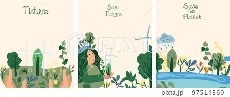 Ecology is a serious problem of humanity. The concept of saving the planet, environmental ecology, lifestyle. Nature as a source of energy. Minimalist illustrations suitable for social posters, cards 97514360