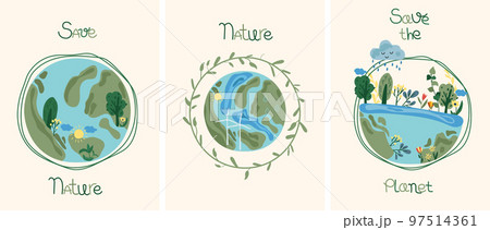 Nature as a source of energy for man. Green planet, care for nature. The concept of ecology, lifestyle, saving the planet. Suitable for social posters, cards, logos, banner. Vector illustration. Nature as a source of energy for man. Green planet, care for nature. The concept of ecology, lifestyle, saving the planet. Suitable for social posters, cards, logos, banner. Vector illustration. 97514361
