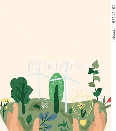 The concept of nature conservation and ecology. Nature as a source of energy for man. Planet earth in the hands of man. Green planet, earth day. Suitable for social posters, cards, logos, banner. 97514406