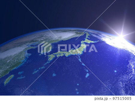 地球　日本列島　アップ　太陽　朝陽(3DCGイメージ) 97515005