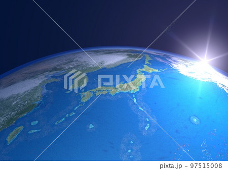 地球 日本列島 アップ ブルー 太陽 朝陽(3DCGイメージ) 地球 日本列島 アップ ブルー 太陽 朝陽(3DCGイメージ) 97515008