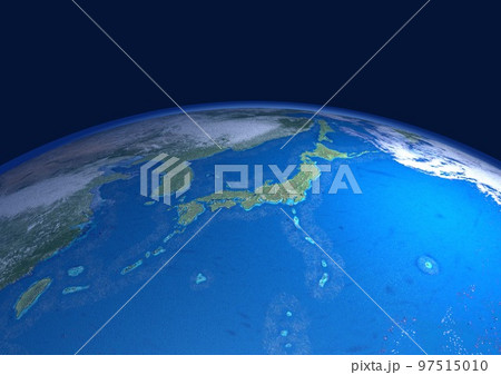地球　日本列島　アップ　ブルー　背景に星ナシ(3DCGイメージ) 97515010