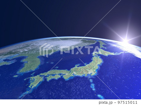 地球　日本列島　アップ　太陽　朝陽(3DCGイメージ) 97515011