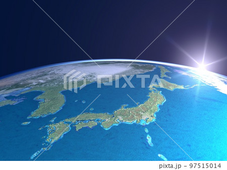 地球 日本列島 アップ ブルー 太陽 朝陽(3DCGイメージ) 地球 日本列島 アップ ブルー 太陽 朝陽(3DCGイメージ) 97515014