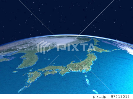 地球　日本列島　アップ　ブルー　背景に星アリ(3DCGイメージ) 97515015