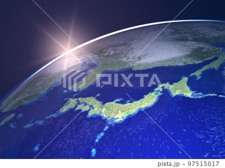 地球　日本列島　アップ　太陽　夕陽(3DCGイメージ) 97515017