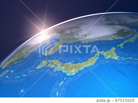地球　日本列島　アップ　ブルー　太陽　夕陽(3DCGイメージ) 97515020