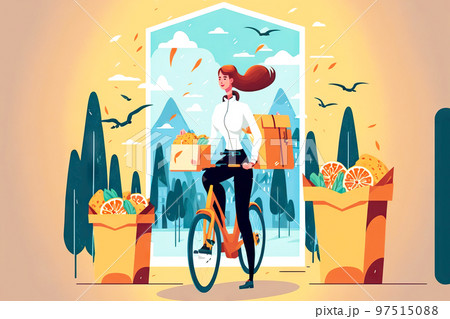 Courier on bicycle delivering parcel to customer's home food delivery Courier on bicycle delivering parcel to customer's home food delivery 97515088