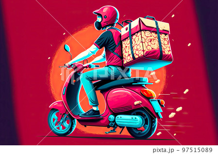 Bstroj service courier riding motorcycle with bags for food delivery 97515089