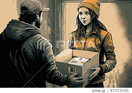 Receiving parcel in box from courier food delivery Receiving parcel in box from courier food delivery 97515100