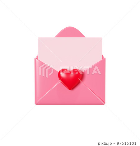 Love letter 3d render - open pink envelope with paper card and red heart decoration. Love letter 3d render - open pink envelope with paper card and red heart decoration. 97515101