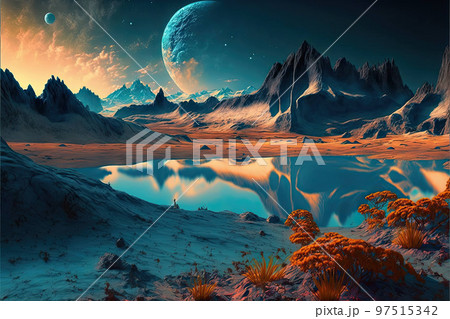 Alien planet with Earth and Moon on sky, lake and mountains landscape 97515342