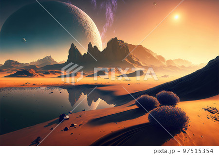 Alien planet with moon, vegetation and mountains Alien planet with moon, vegetation and mountains 97515354