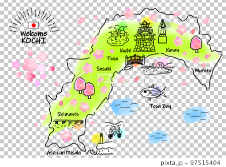 Simple line drawing illustration map of tourist spots in Kochi Prefecture in spring (green) Simple line drawing illustration map of tourist spots in Kochi Prefecture in spring (green) 97515404